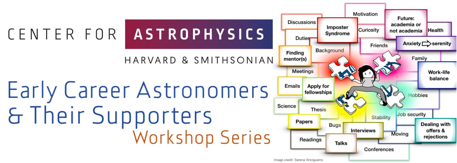 Banner with the CfA logo saying "Early career astronomers & their supporters workshop series". On the right a cartoon of a PhD student balancing PhD topics such as imposter syndrome, jobs, writing etc. is shown